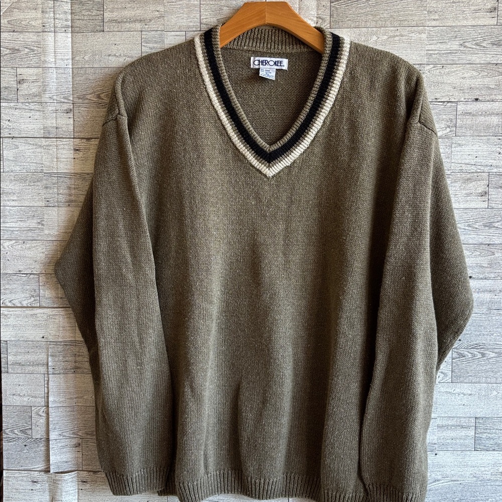 Vintage Green Sweater Ramie Varsity Cherokee V Neck y2k stripes XL cabincore